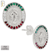 925-ES268 - .925 Sterling Silver Oval Shape Virgin Mary with Mexican Color Flag Zircon Design Earrings Stud image 3