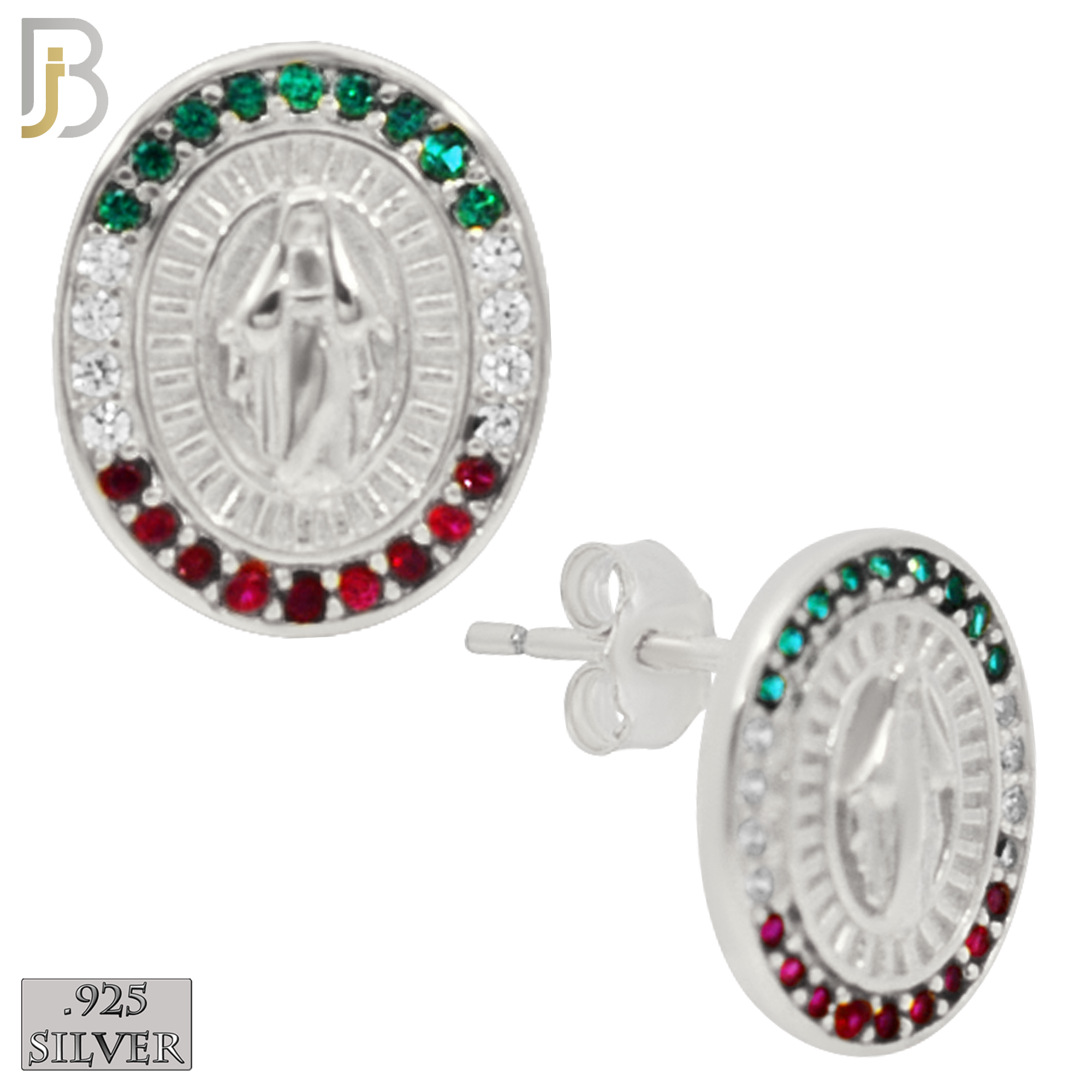 925-ES268 - .925 Sterling Silver Oval Shape Virgin Mary with Mexican Color Flag Zircon Design Earrings Stud image 3