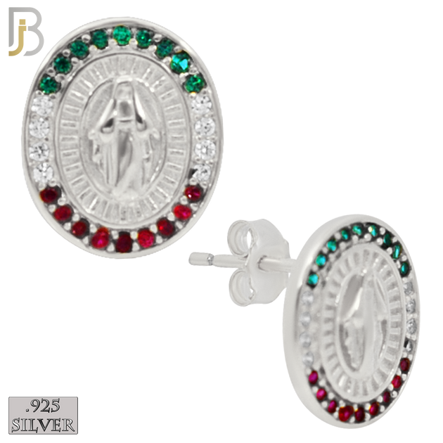 925-ES268 - .925 Sterling Silver Oval Shape Virgin Mary with Mexican Color Flag Zircon Design Earrings Stud image 3