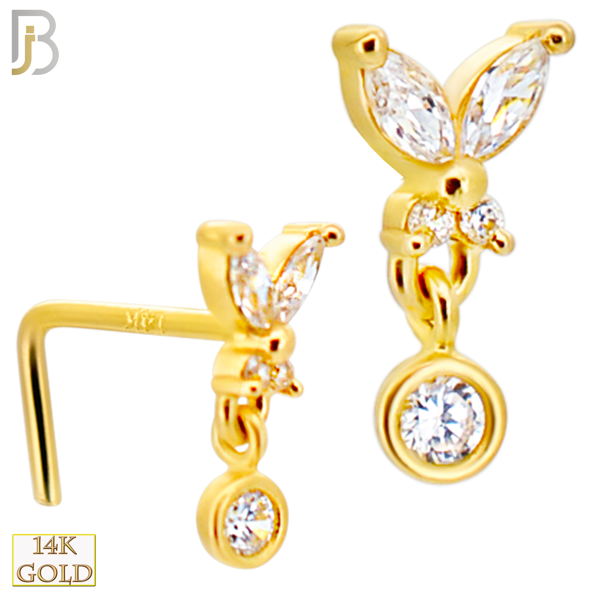 14-NR111L- 14k Gold Butterfly with Dangling CZ in Bezel Setting L-Shape - Yellow Gold image