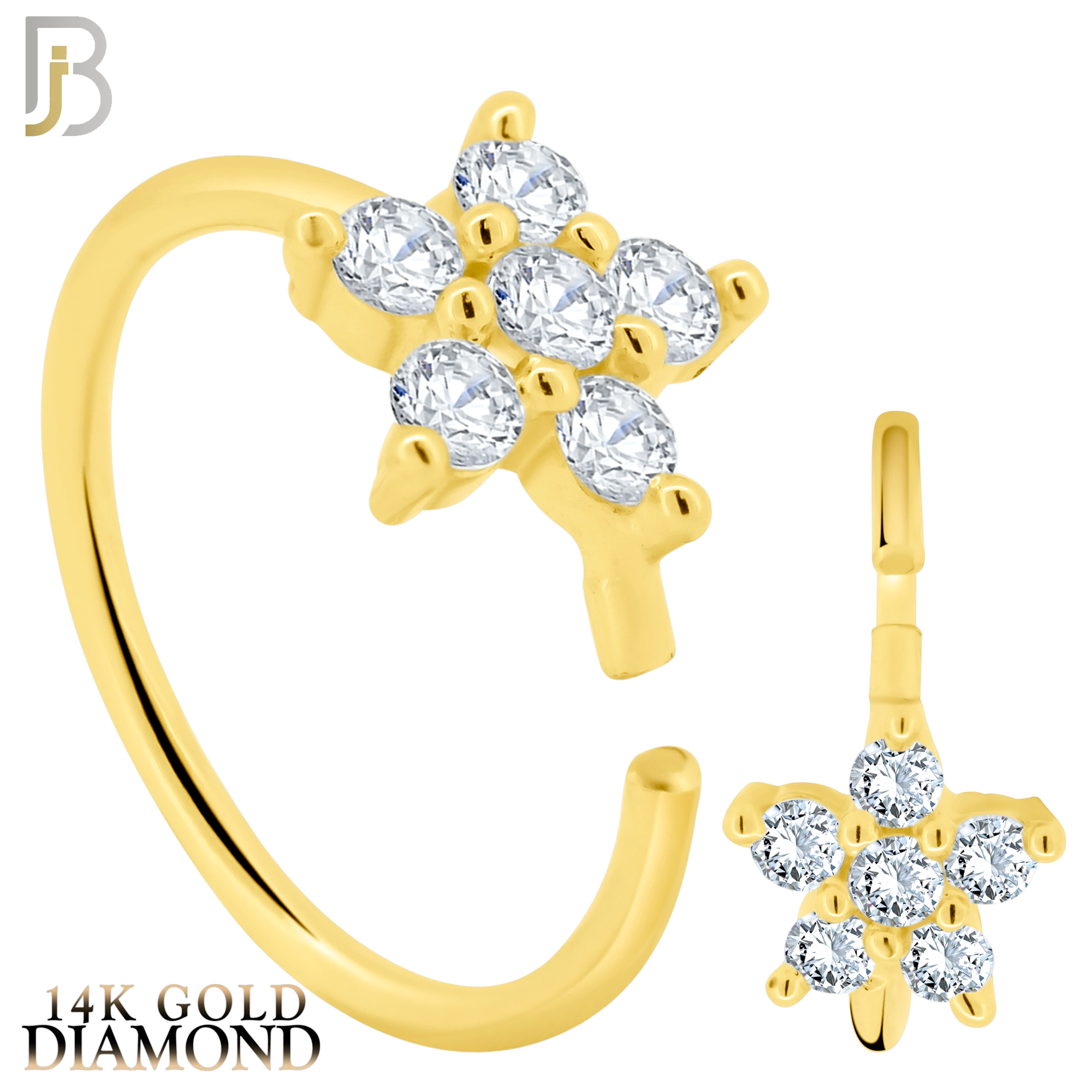 14-CT27D - 14k Yellow Gold Five Petal Star Shaped Flower with GH / SI1 Natural Diamonds Nose Hoops image 0