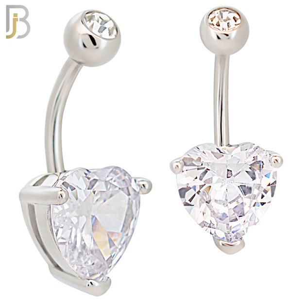 NB73 - 316L Stainless Steel Banana Belly Ring with Prong Set 10mm Heart Shaped Cubic Zirconia image 1