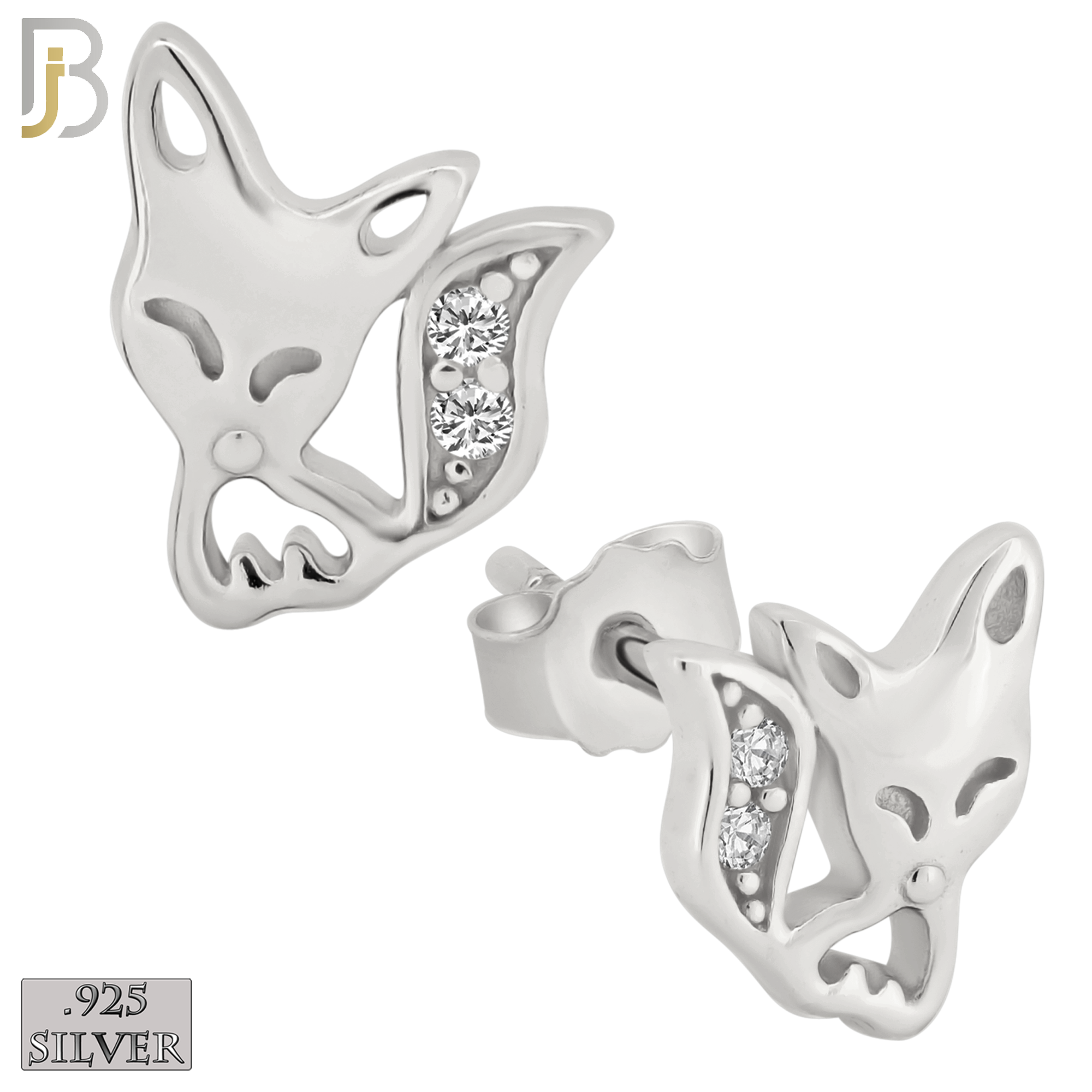 925-ES204 - .925 Sterling Silver Fox Design Earring Stud with Clear Zircon image 1