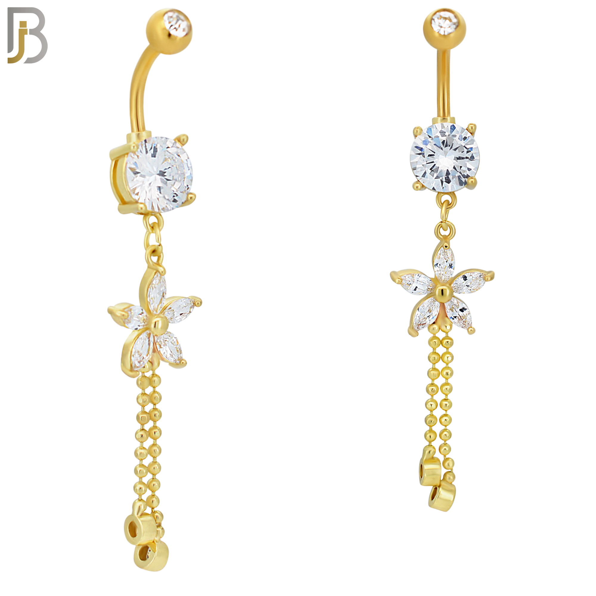 N0102  - 316L Stainless Steel Round Zircon with Dangling Flower with Zircon Drop Belly Ring image 2