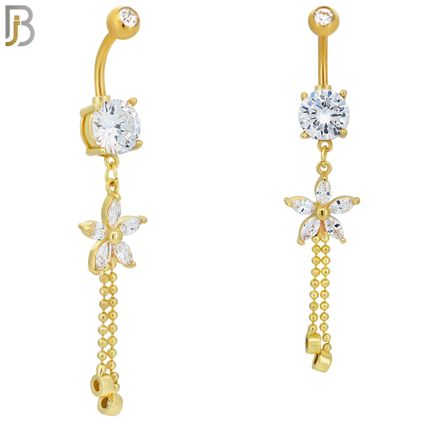 N0102  - 316L Stainless Steel Round Zircon with Dangling Flower with Zircon Drop Belly Ring image 2