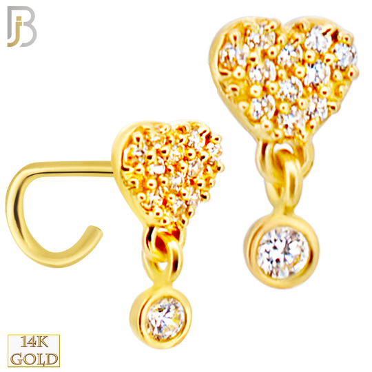 14-NR109C- 14k Yellow Gold CZ Studded Heart with  Dangling Round CZ in Bezel Setting Nose Screw image 0
