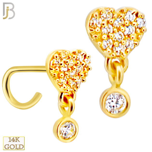 14-NR109C- 14k Yellow Gold CZ Studded Heart with  Dangling Round CZ in Bezel Setting Nose Screw image 0