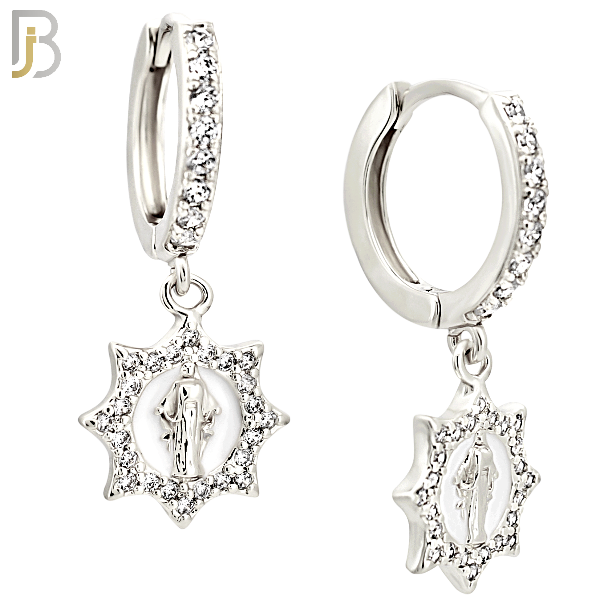 ES492 - 316L Stainless Steel Dangling Virgin Mary With Sun Halo Multi CZ Huggies Earrings image 1