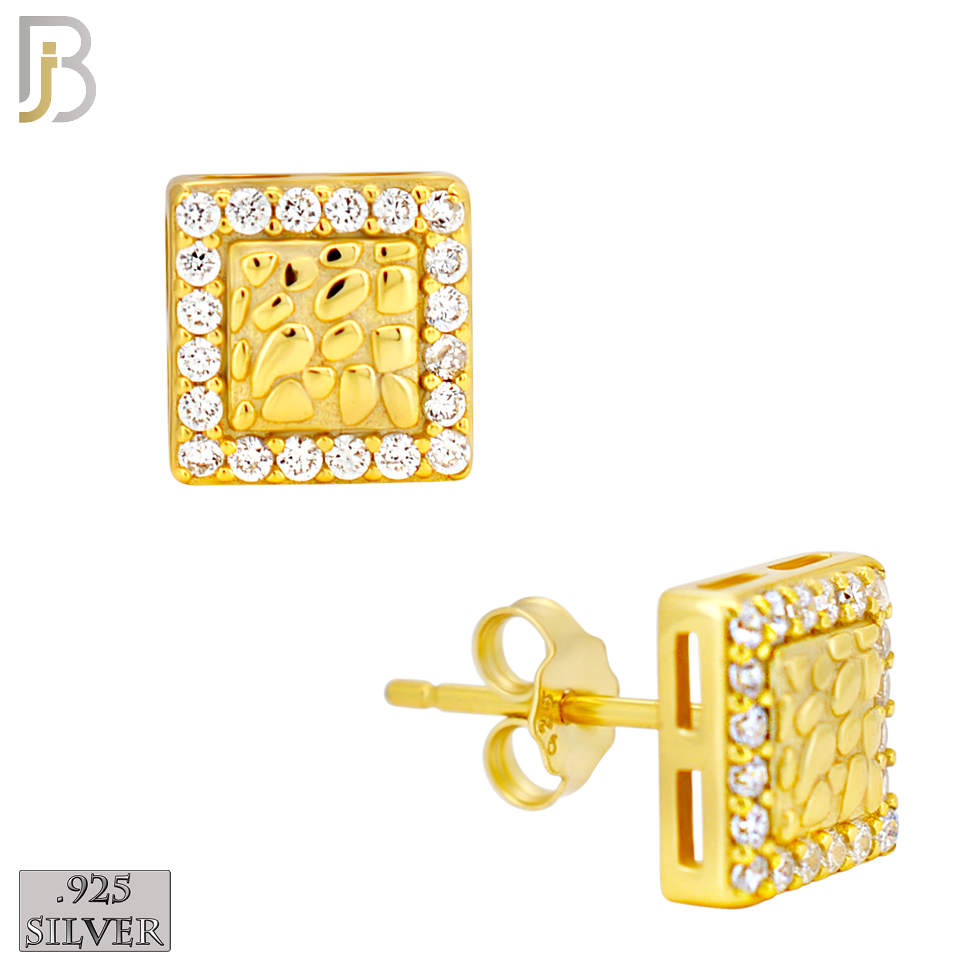 925-ES517 - 925 Sterling Silver Square with CZ Halo Nugget Push Back Earrings image 2