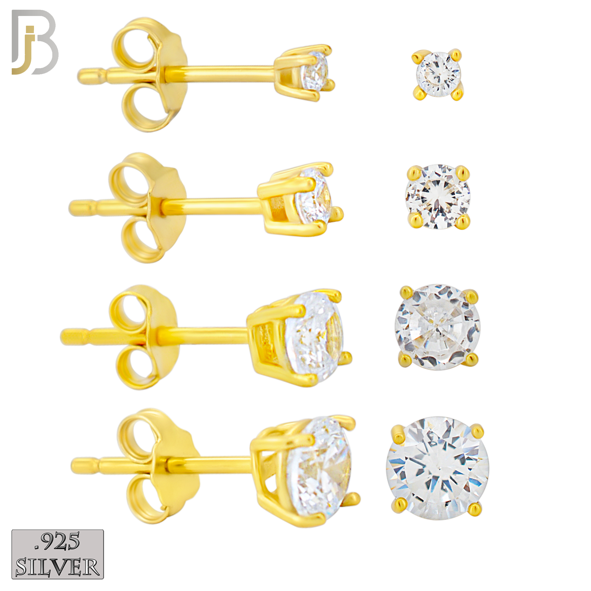 925-ES71-GC - .925 Sterling Silver Gold Plated Earring Stud Casting Round Prong Setting Clear Zircon image 0