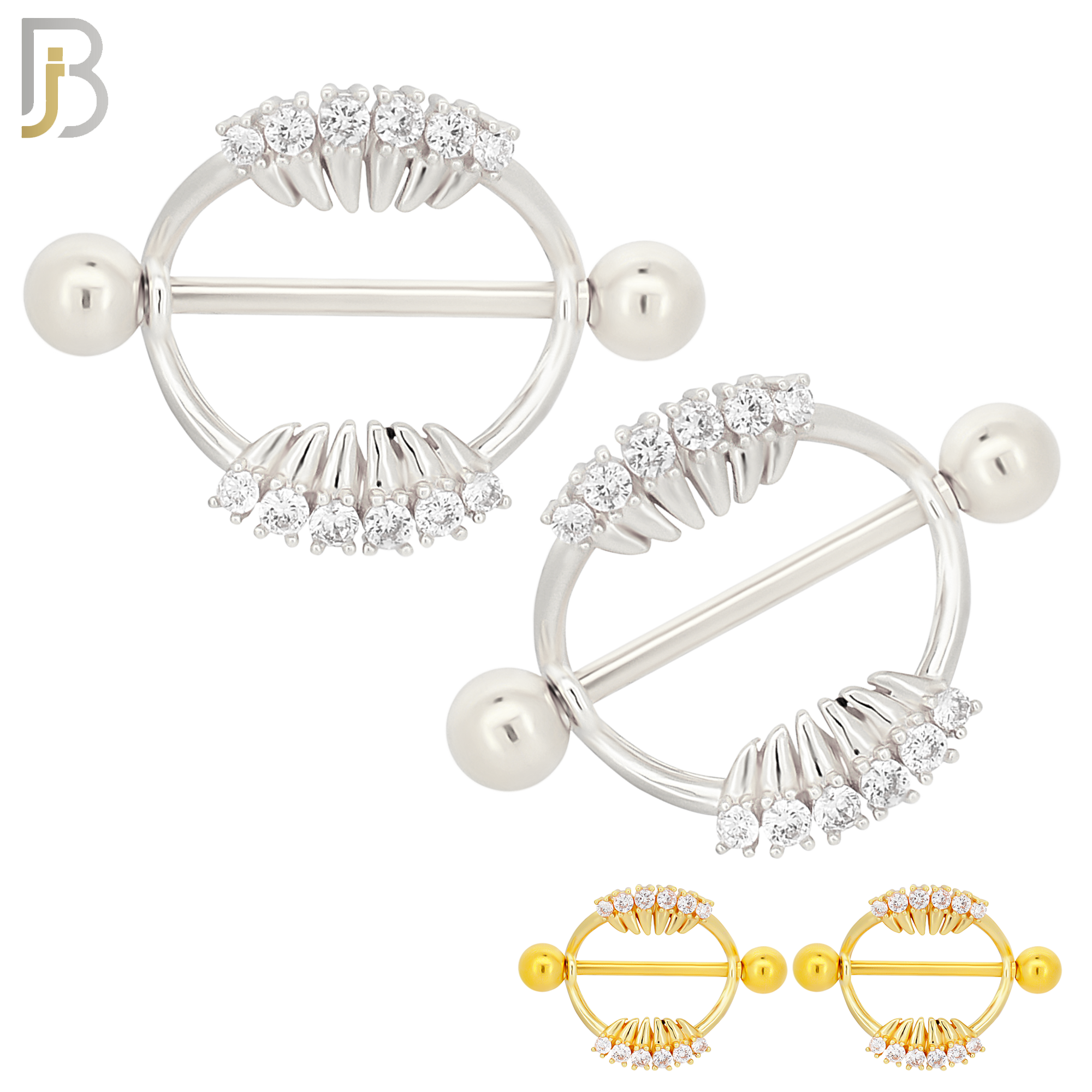 NP33 - 316L Surgical Steel Screw Shield Barbell with Teeth Design Zircon Pair image 0
