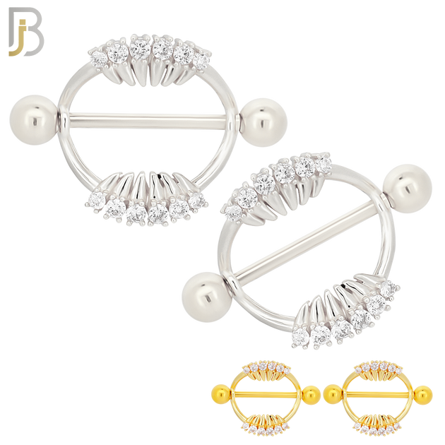 NP33 - 316L Surgical Steel Screw Shield Barbell with Teeth Design Zircon Pair image 0