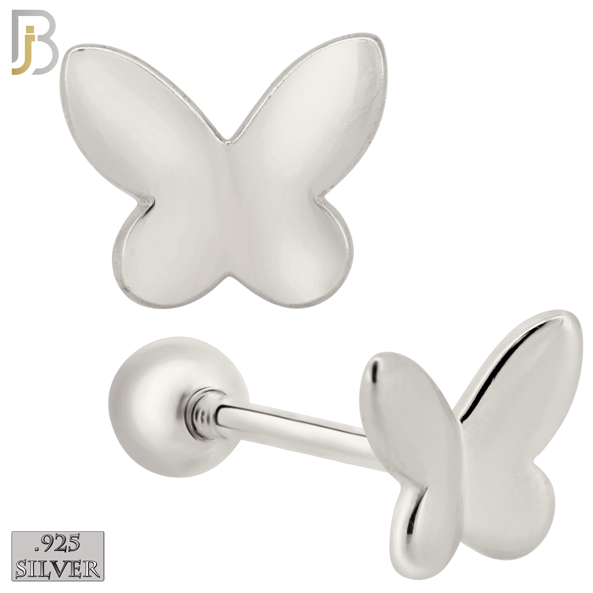 925-ES315 - Screw Ball Back - .925 Sterling Silver Plain Butterfly Stud Earrings image 1