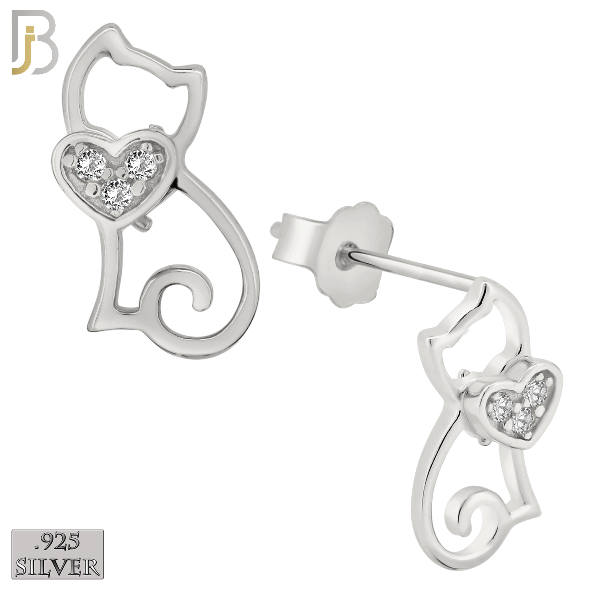 925-ES222 – .925 Sterling Silver Cat Heart Earring Stud with Zircon image 1