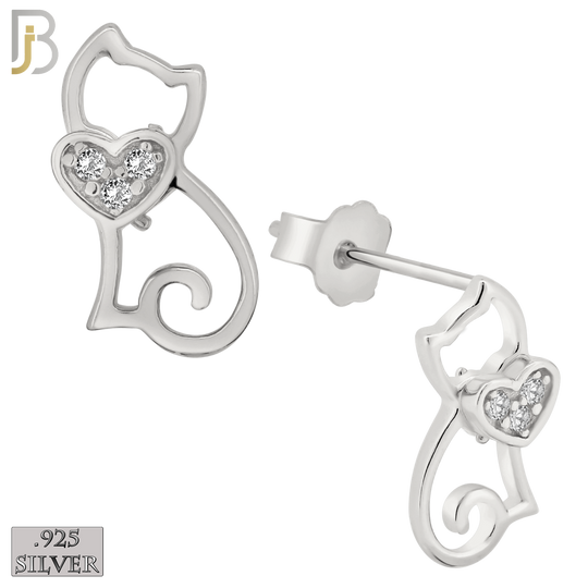 925-ES222 – .925 Sterling Silver Cat Heart Earring Stud with Zircon image 1