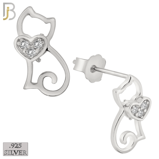 925-ES222 – .925 Sterling Silver Cat Heart Earring Stud with Zircon image 1