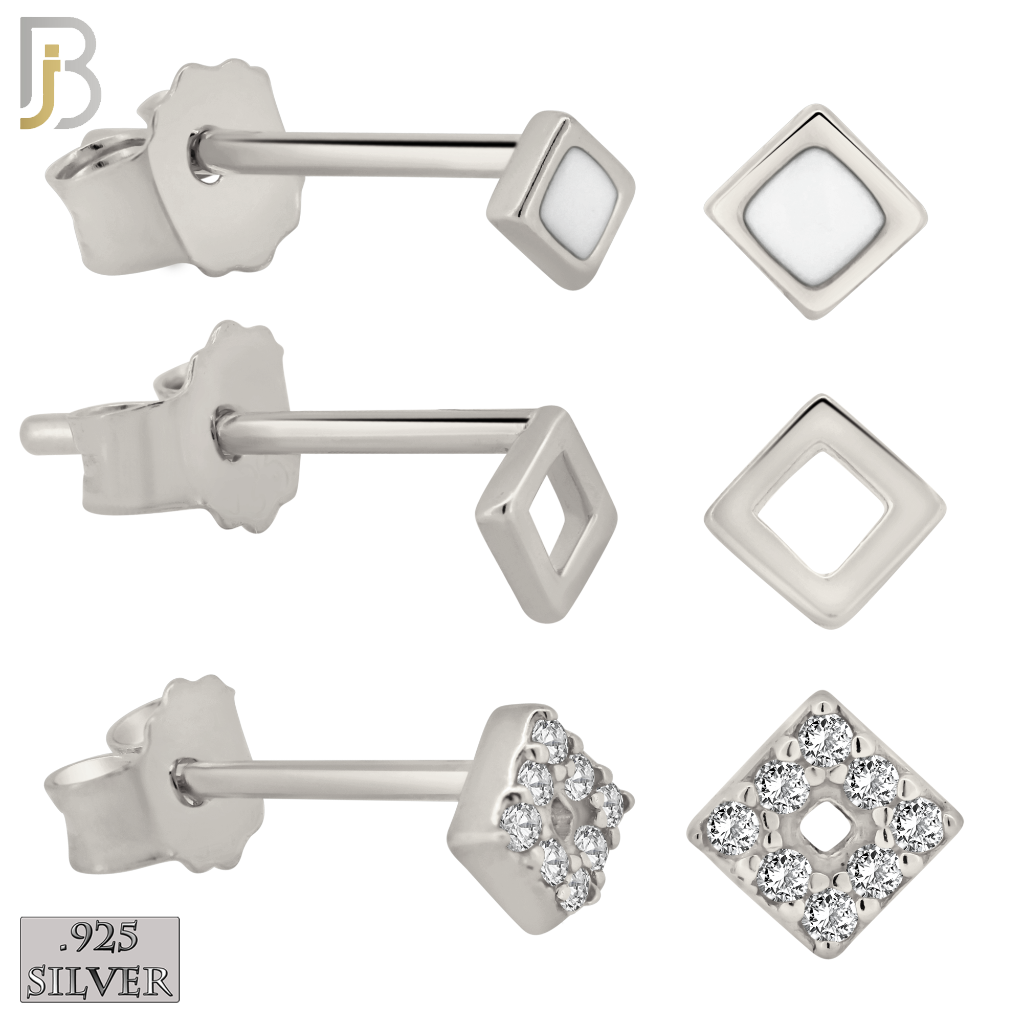 925-ES384 - .925 Sterling Silver Three Set of Square Stud Earrings (Plain Hollow Square, CZ Studded Hollow Square, Square White Enamel) image 0