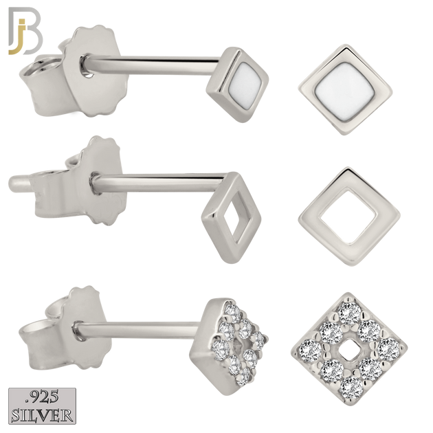 925-ES384 - .925 Sterling Silver Three Set of Square Stud Earrings (Plain Hollow Square, CZ Studded Hollow Square, Square White Enamel) image 0