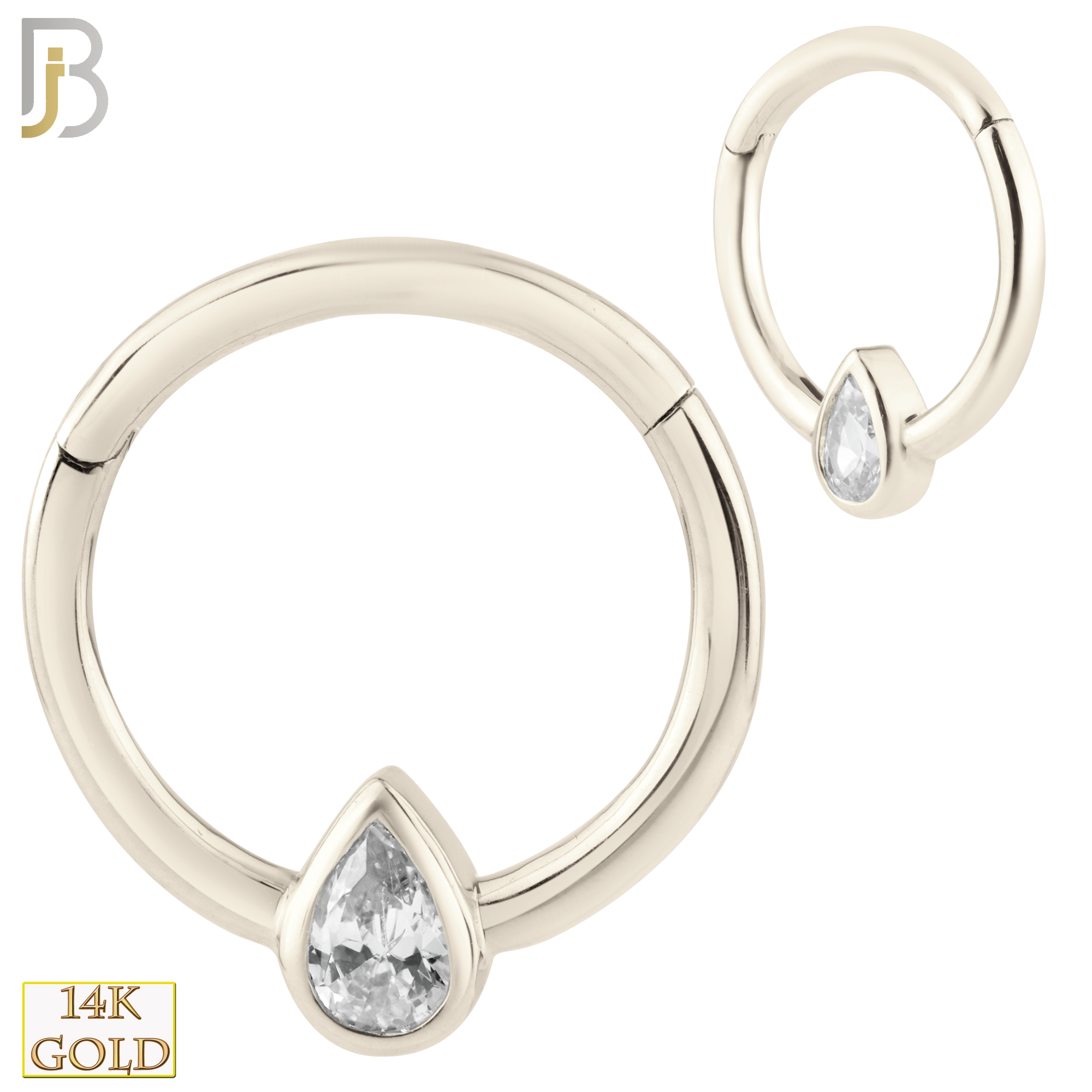 14-CT52 -  14K Solid Gold Tear Drop Zircon in Bezel Setting Hinged Hoops image 1