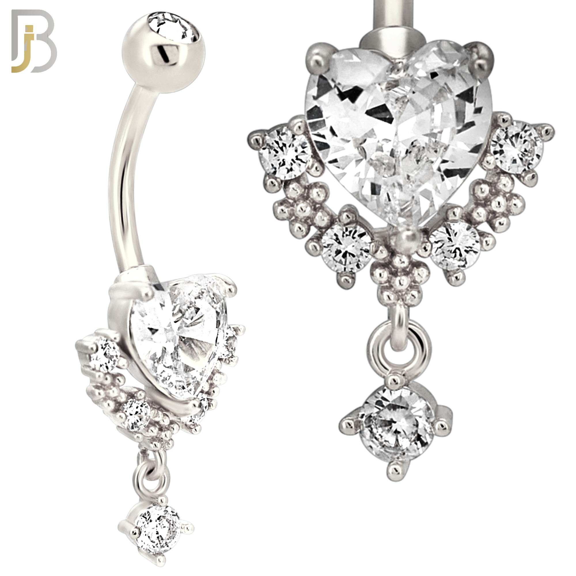 N0152 - 316L Surgical Steel Ornate Heart in Prong Set with Dangling CZ Belly Ring image 2