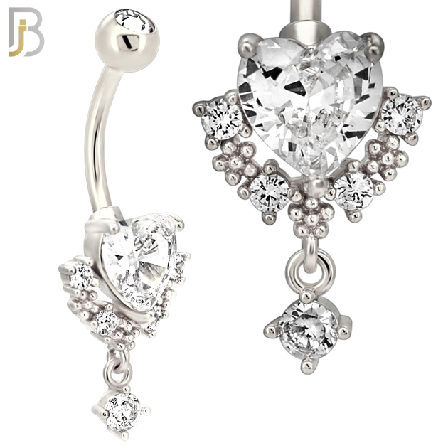 N0152 - 316L Surgical Steel Ornate Heart in Prong Set with Dangling CZ Belly Ring image 2