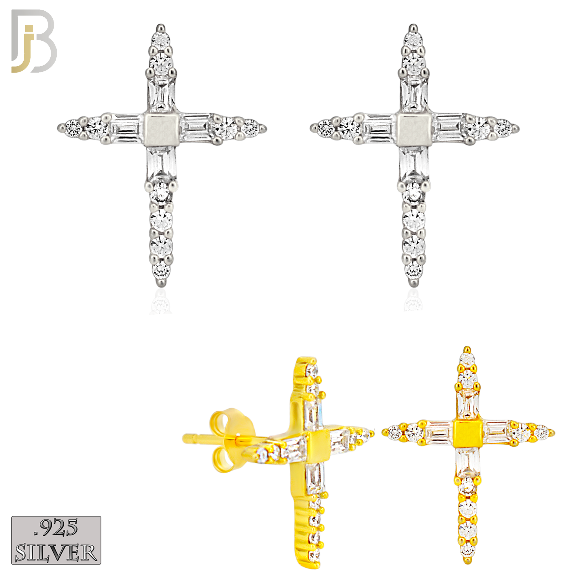 925-ES270 - .925 Sterling Silver Pointed Cross with Zircon Design Earrings Stud image 0