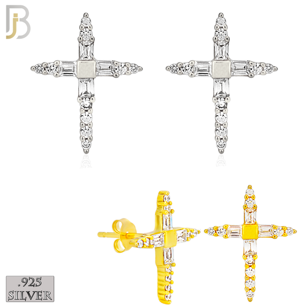 925-ES270 - .925 Sterling Silver Pointed Cross with Zircon Design Earrings Stud image 0