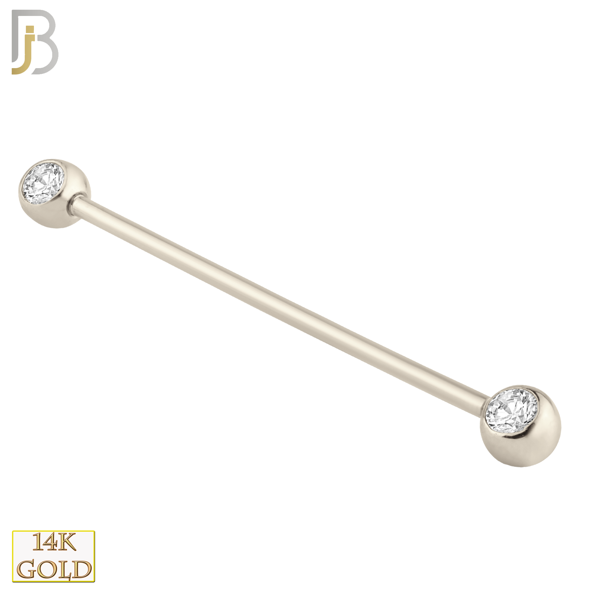 14-BB07 - 14k Solid Gold Industrial Barbell with Double Gem Ball CZ Externally Threaded image 3