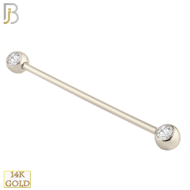 14-BB07 - 14k Solid Gold Industrial Barbell with Double Gem Ball CZ Externally Threaded image 3