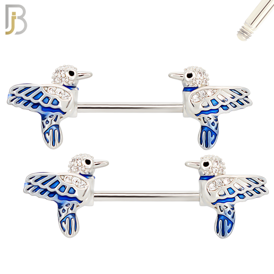 NP56 - 316L Surgical Steel Blue Bird Design Nipple Rings Pair Externally Threaded image 1