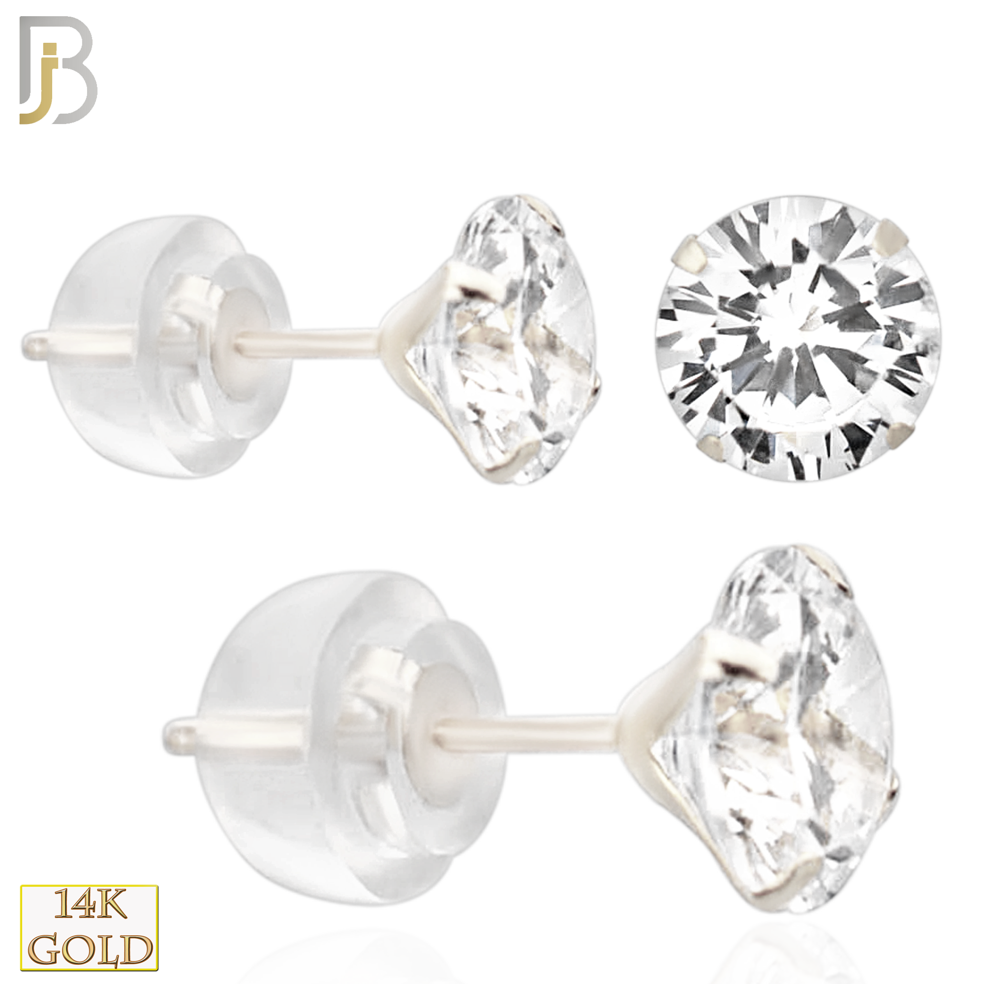 14-ES05WC - 14k White Gold Silicone Back Stud Earrings Stamping Point Prong Setting with Round Clear Zircon image 0