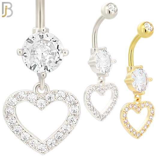 N033 - 316L Stainless Steel Dangling Hollow Heart with ZIrcon Design Belly Ring with 5mm Screw Ball image 0