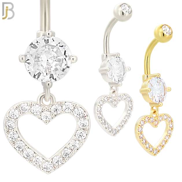 N033 - 316L Stainless Steel Dangling Hollow Heart with ZIrcon Design Belly Ring with 5mm Screw Ball image 0