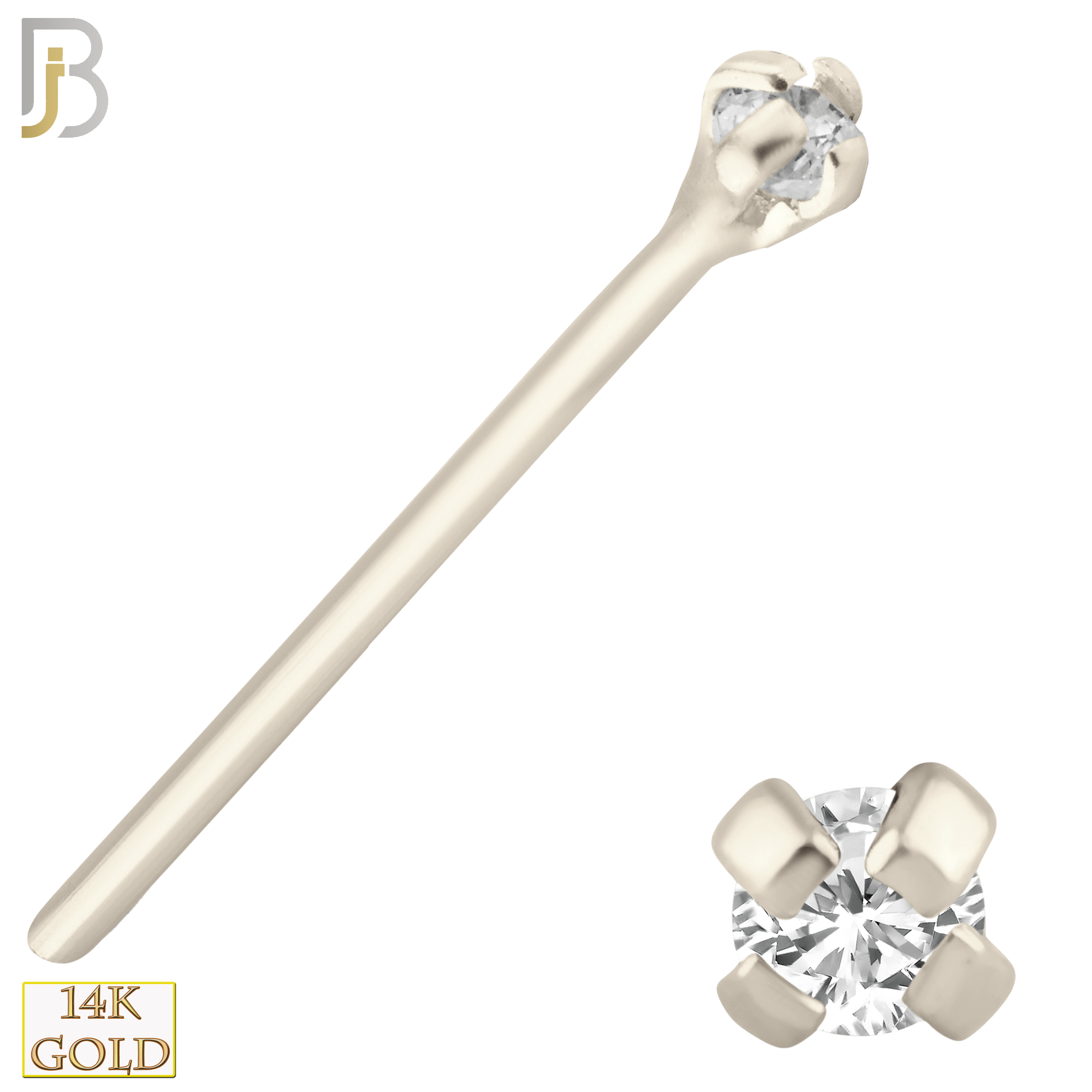 14-NR02CW-20 - 20g Thickness 14k Solid White Gold Prong Setting  Round Cubic Zircona Nose Stud Bend-it Yourself, Nose Straight  - 1mm image