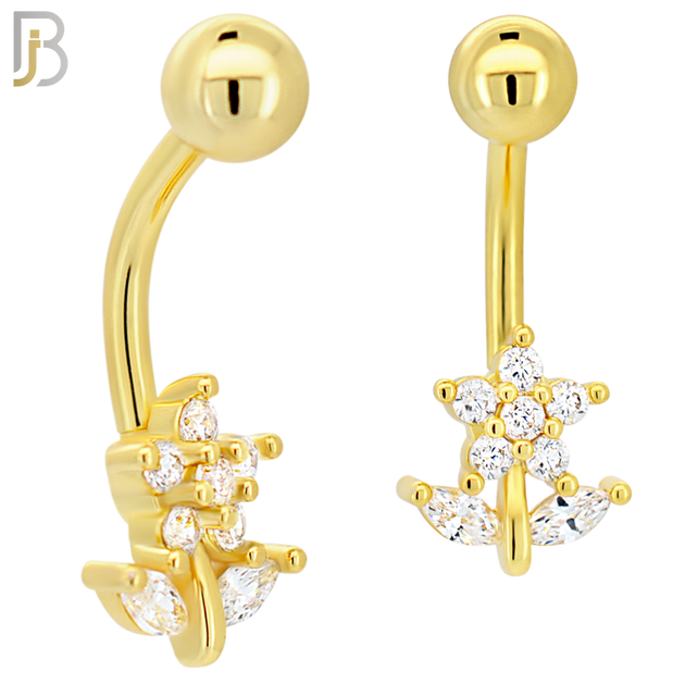 NB97 - 316L Stainless Steel Flower and Leaves with Multi CZ Banana Belly Ring image 2