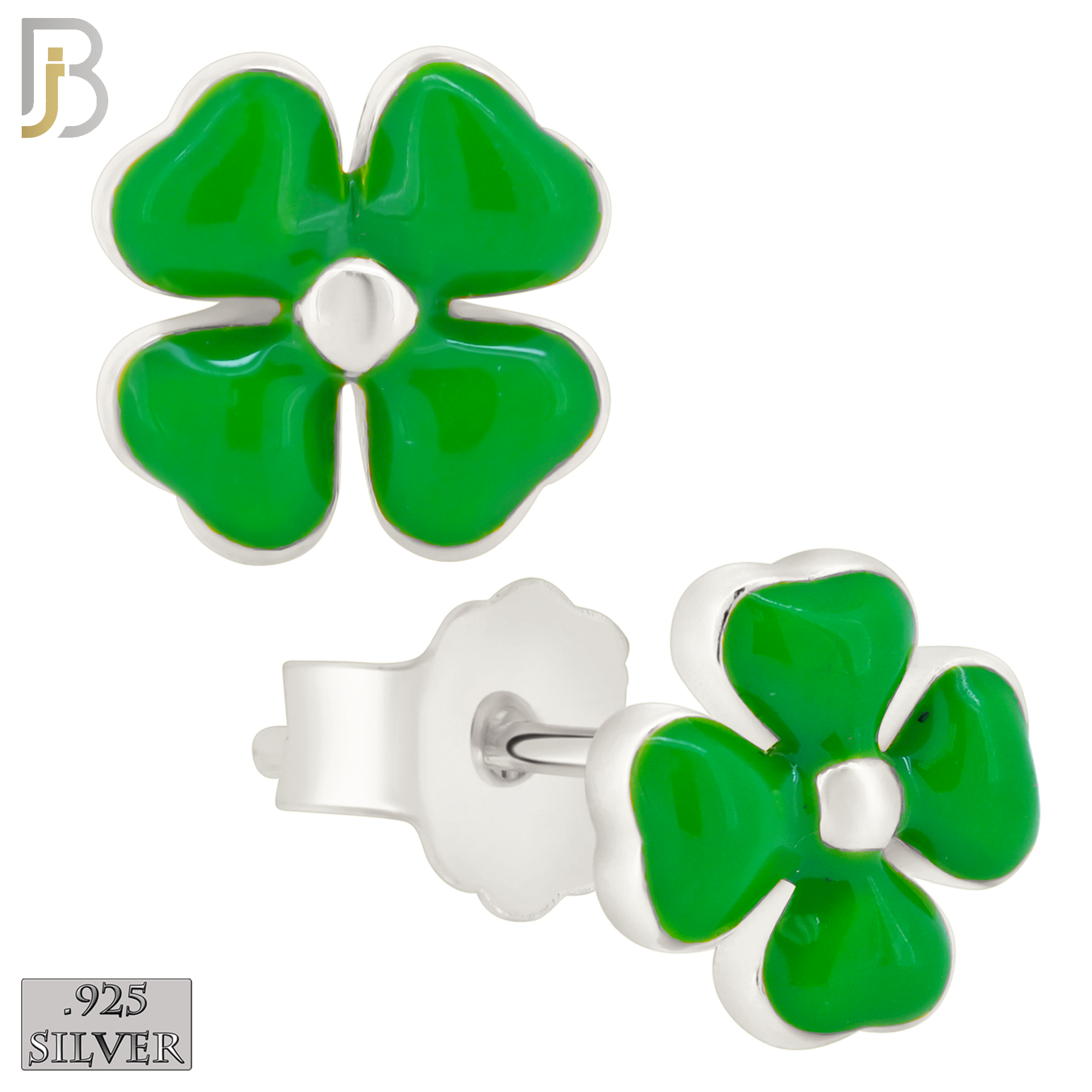 925-ES429 - Push Back - .925 Sterling Silver Green Enamel Four Leaf Clover Earrings Stud image 0