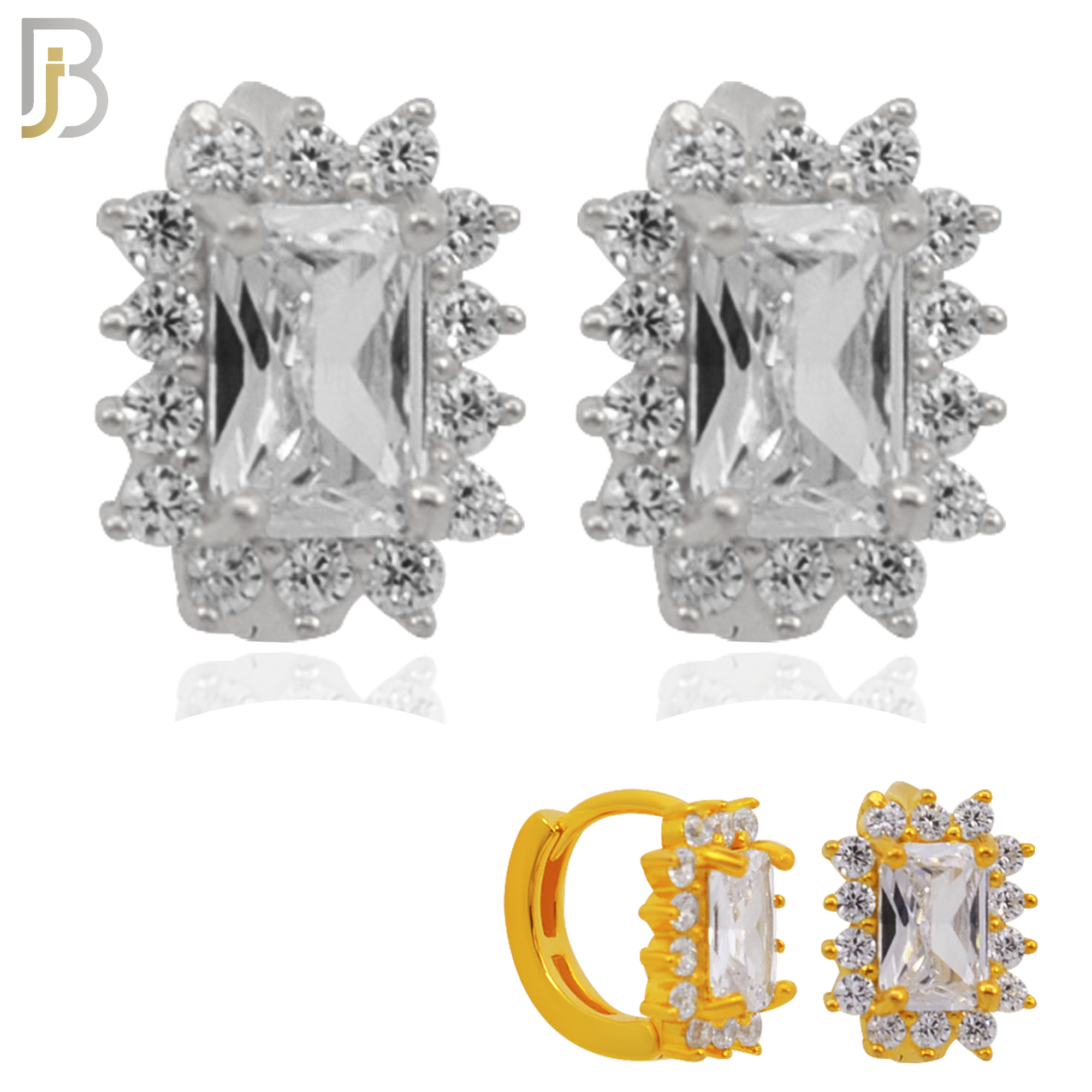 925-ES277- .925 Sterling Silver Rectangle Prong Multi Zircon Design Huggies Hoops Earrings Stud image 0