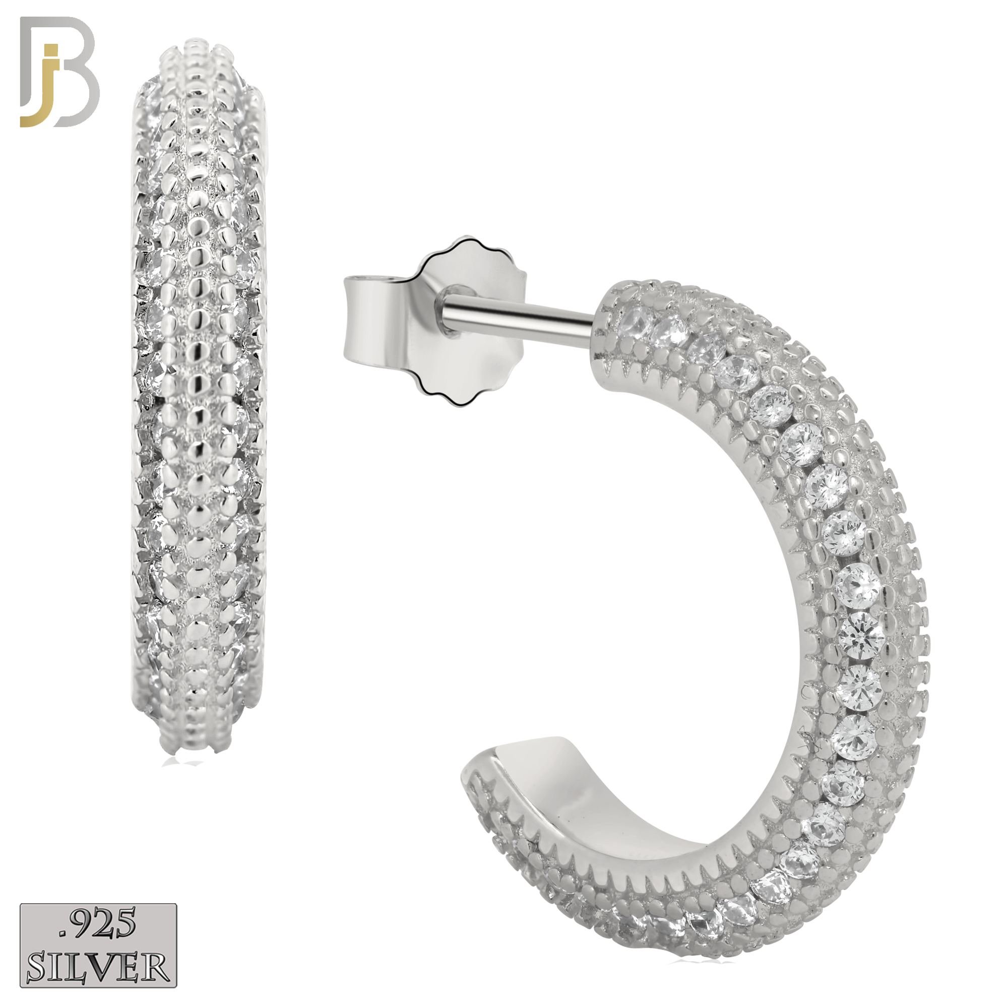 925-ES259 - .925 Sterling Silver Half Hoops with Multi Zircon in the Side Design Earrings Stud image 1