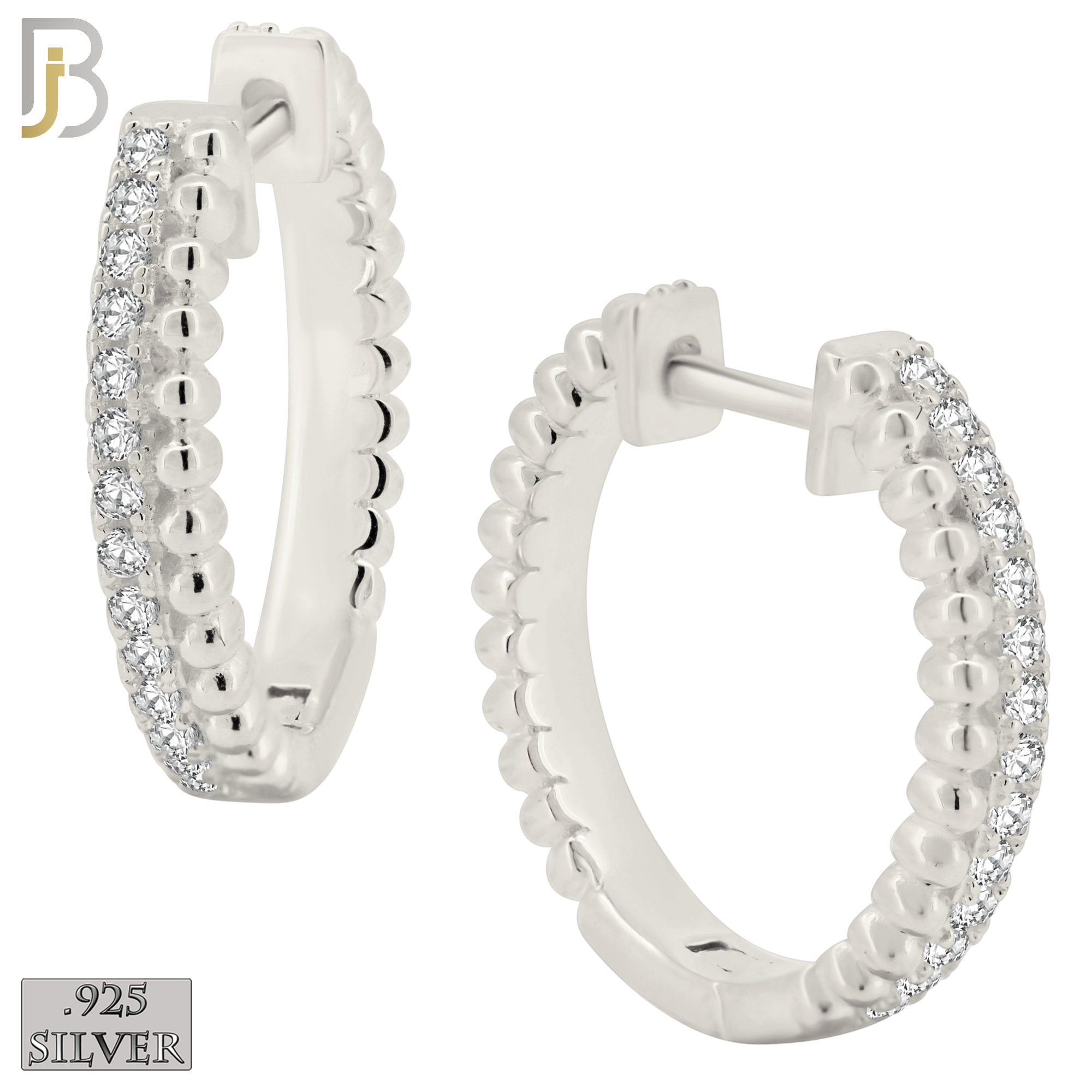 925-ES401 - .925 Sterling Silver Beaded and CZ Studded Hoop Earrings image 0