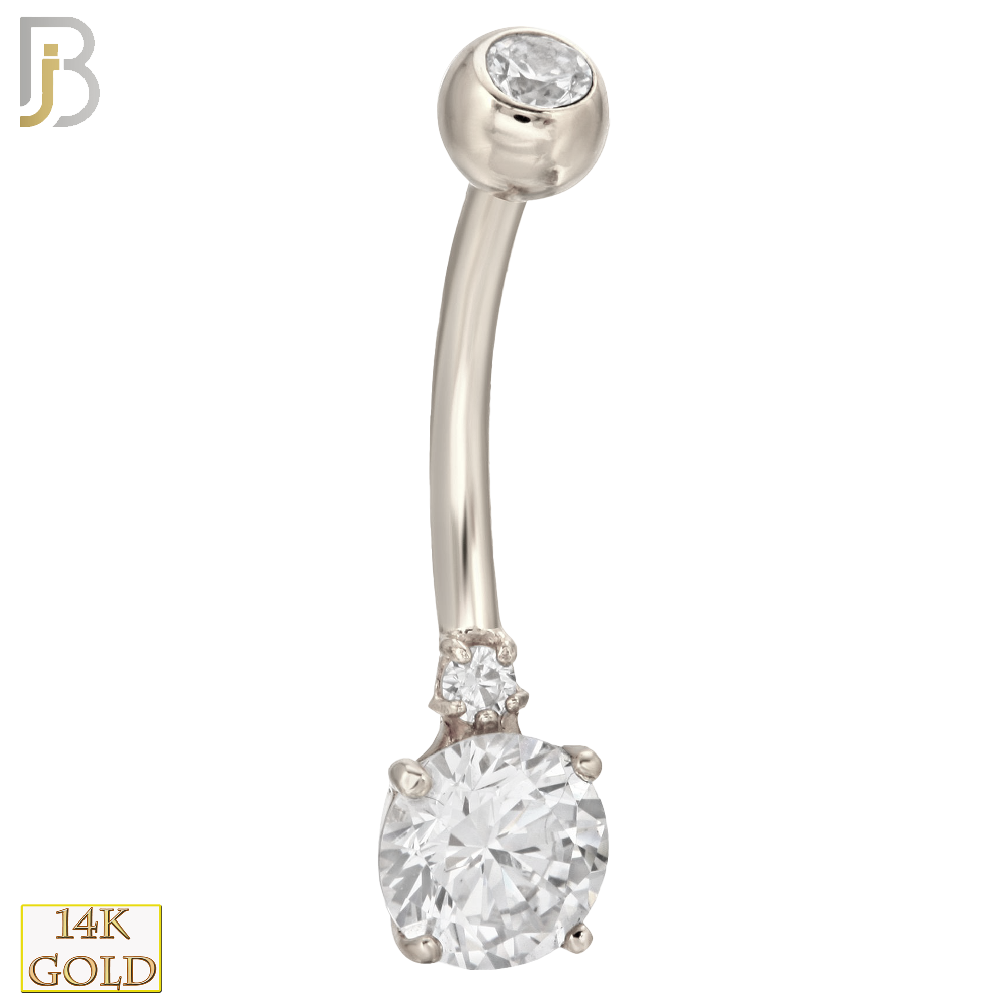 14-NB02 - 14k Solid Gold Banana Belly Ring Double Round Prong Setting Zircon image 1